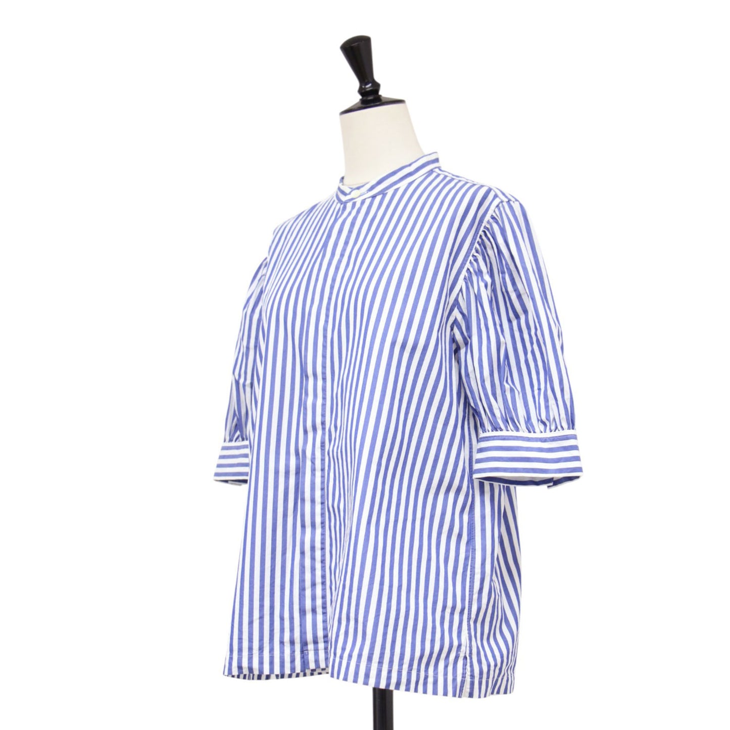 ストライプ ギャザースリーブ シャツ / Stripe Gathered Sleeve Shirt ブラウス 半袖 バンドカラー コットン