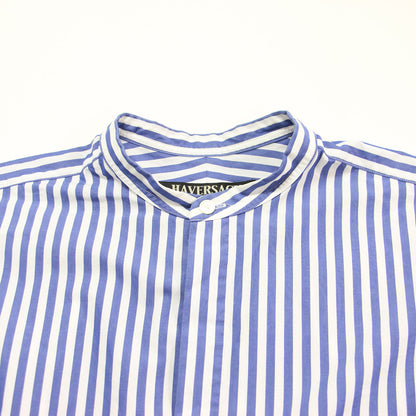 ストライプ ギャザースリーブ シャツ / Stripe Gathered Sleeve Shirt ブラウス 半袖 バンドカラー コットン