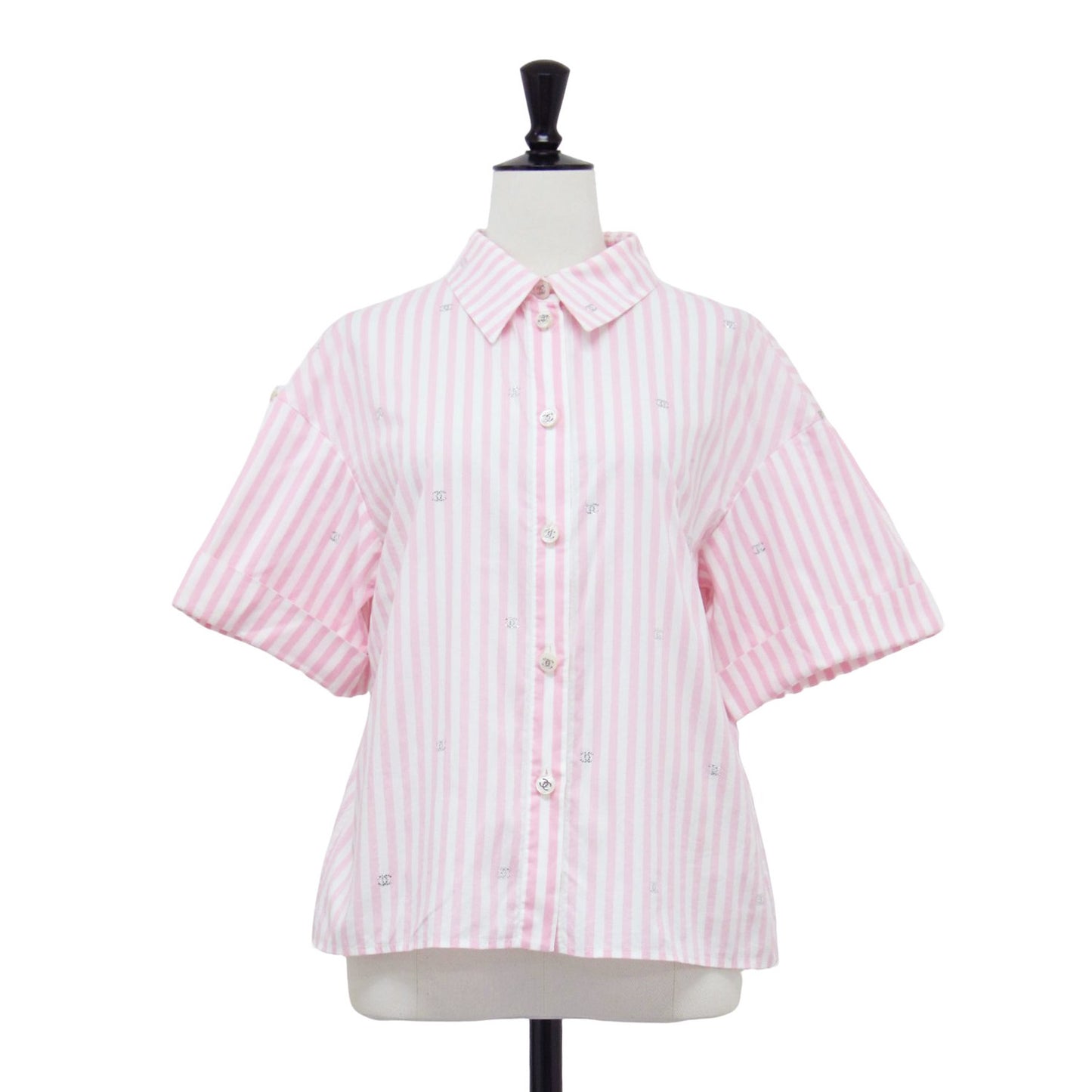 24春夏 ストライプ柄 コットン 半袖 シャツ / ブラウス レギュラーカラー ラインストーン ココマーク