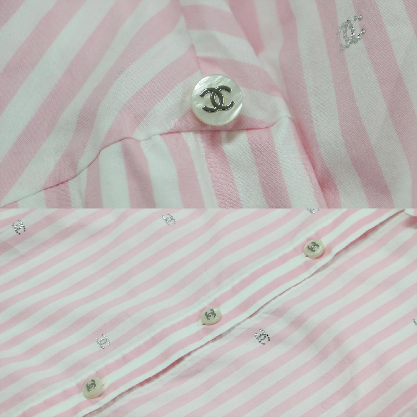 24春夏 ストライプ柄 コットン 半袖 シャツ / ブラウス レギュラーカラー ラインストーン ココマーク
