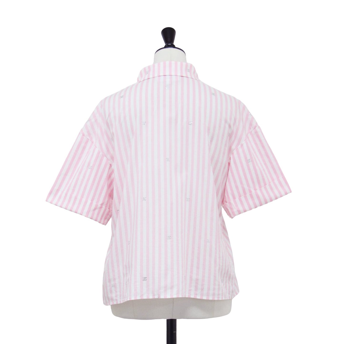 24春夏 ストライプ柄 コットン 半袖 シャツ / ブラウス レギュラーカラー ラインストーン ココマーク