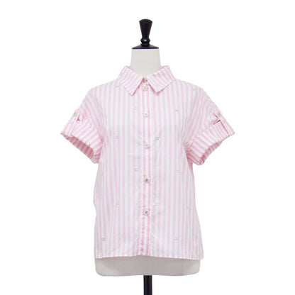 24春夏 ストライプ柄 コットン 半袖 シャツ / ブラウス レギュラーカラー ラインストーン ココマーク