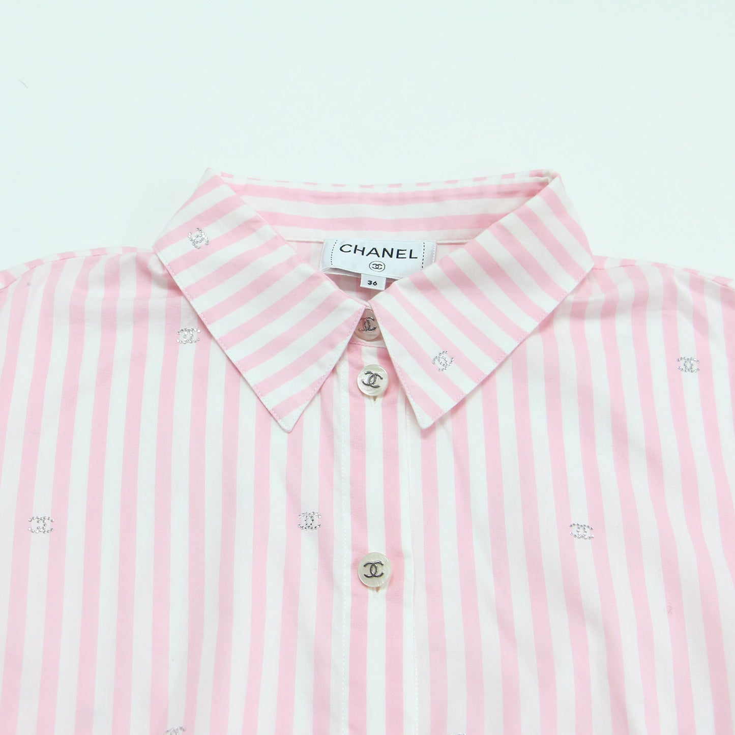 24春夏 ストライプ柄 コットン 半袖 シャツ / ブラウス レギュラーカラー ラインストーン ココマーク