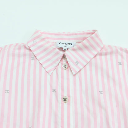 24春夏 ストライプ柄 コットン 半袖 シャツ / ブラウス レギュラーカラー ラインストーン ココマーク