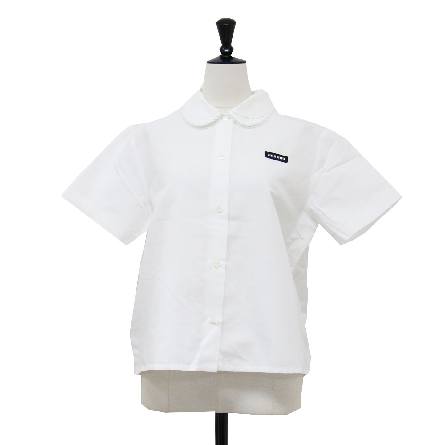 24春夏 スラブ ポプリン シャツ / ブラウス 半袖 丸襟 レース 刺繍 コットン リネン