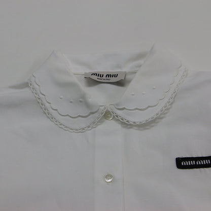 24春夏 スラブ ポプリン シャツ / ブラウス 半袖 丸襟 レース 刺繍 コットン リネン