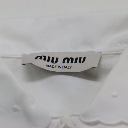 24春夏 スラブ ポプリン シャツ / ブラウス 半袖 丸襟 レース 刺繍 コットン リネン