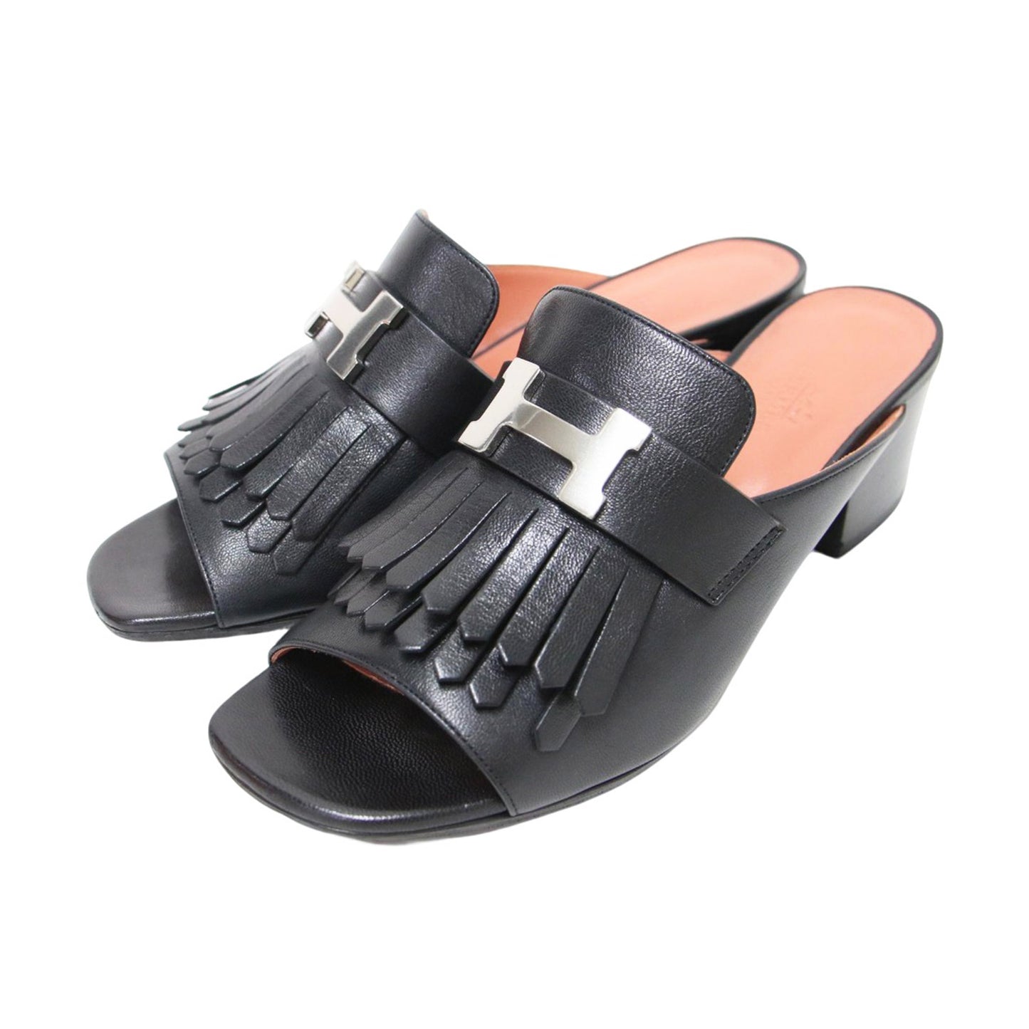 アルマ フリンジ サンダル / ALMA ミュール オープントゥ キャンキーヒール Hロゴ レザー