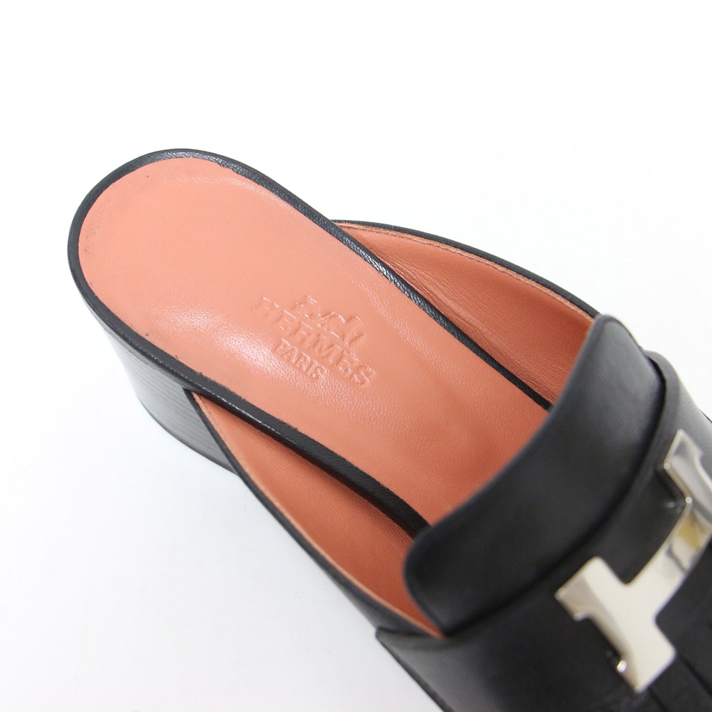 アルマ フリンジ サンダル / ALMA ミュール オープントゥ キャンキーヒール Hロゴ レザー