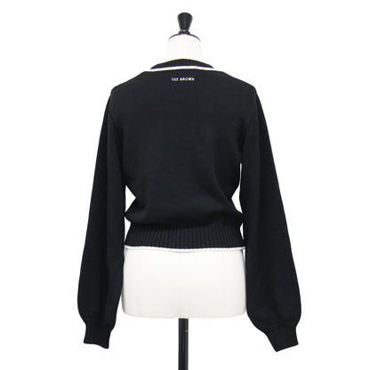 × MARY QUANT 23秋冬 ジャガード ニット / プルオーバー ショート丈 クルーネック 長袖 フラワーモチーフ ウール