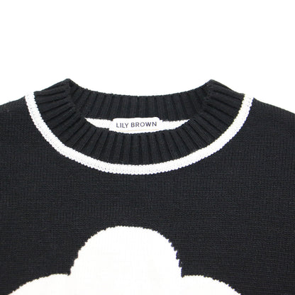 × MARY QUANT 23秋冬 ジャガード ニット / プルオーバー ショート丈 クルーネック 長袖 フラワーモチーフ ウール