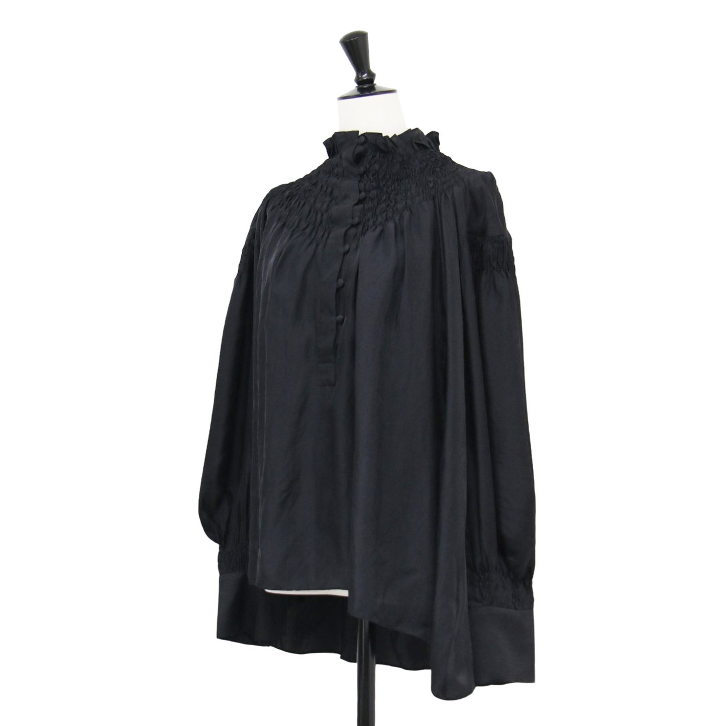 23秋冬 スモッキング刺繍 シルク ブラウス / Pihla シャツ ハイネック 長袖 ギャザー