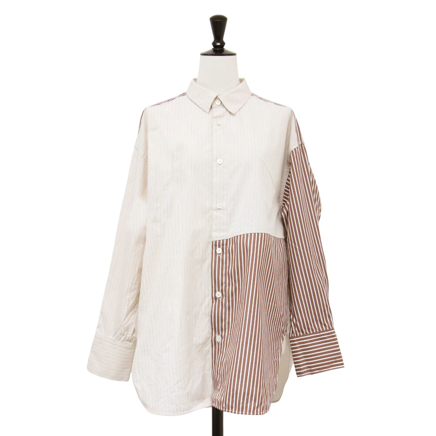 24春夏 パッチワーク シャーティング シャツ / ブラウス 長袖 レギュラーカラー ストライプ柄 コットン