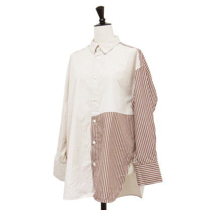 24春夏 パッチワーク シャーティング シャツ / ブラウス 長袖 レギュラーカラー ストライプ柄 コットン