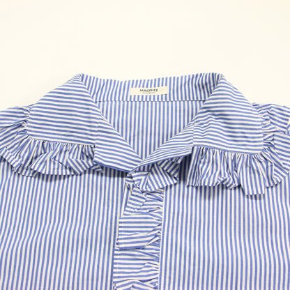25春夏 コットン タイプライター プルオーバー シャツ / ブラウス 長袖 ビッグカラー フリル ストライプ柄