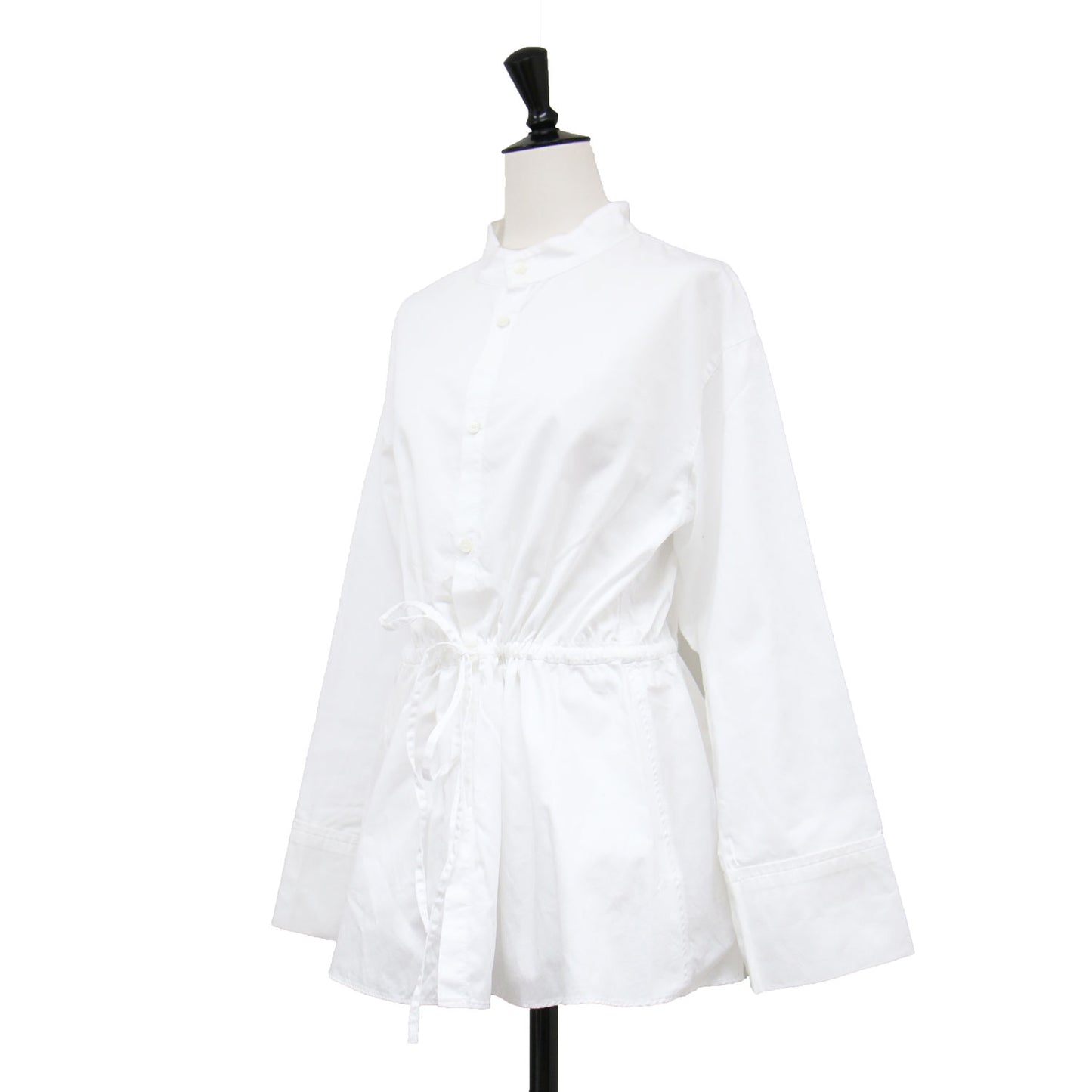 23秋冬 ソフト コットン サテン ペプラム ブラウス / シャツ 長袖 スタンドカラー ドロスト