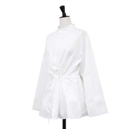 23秋冬 ソフト コットン サテン ペプラム ブラウス / シャツ 長袖 スタンドカラー ドロスト