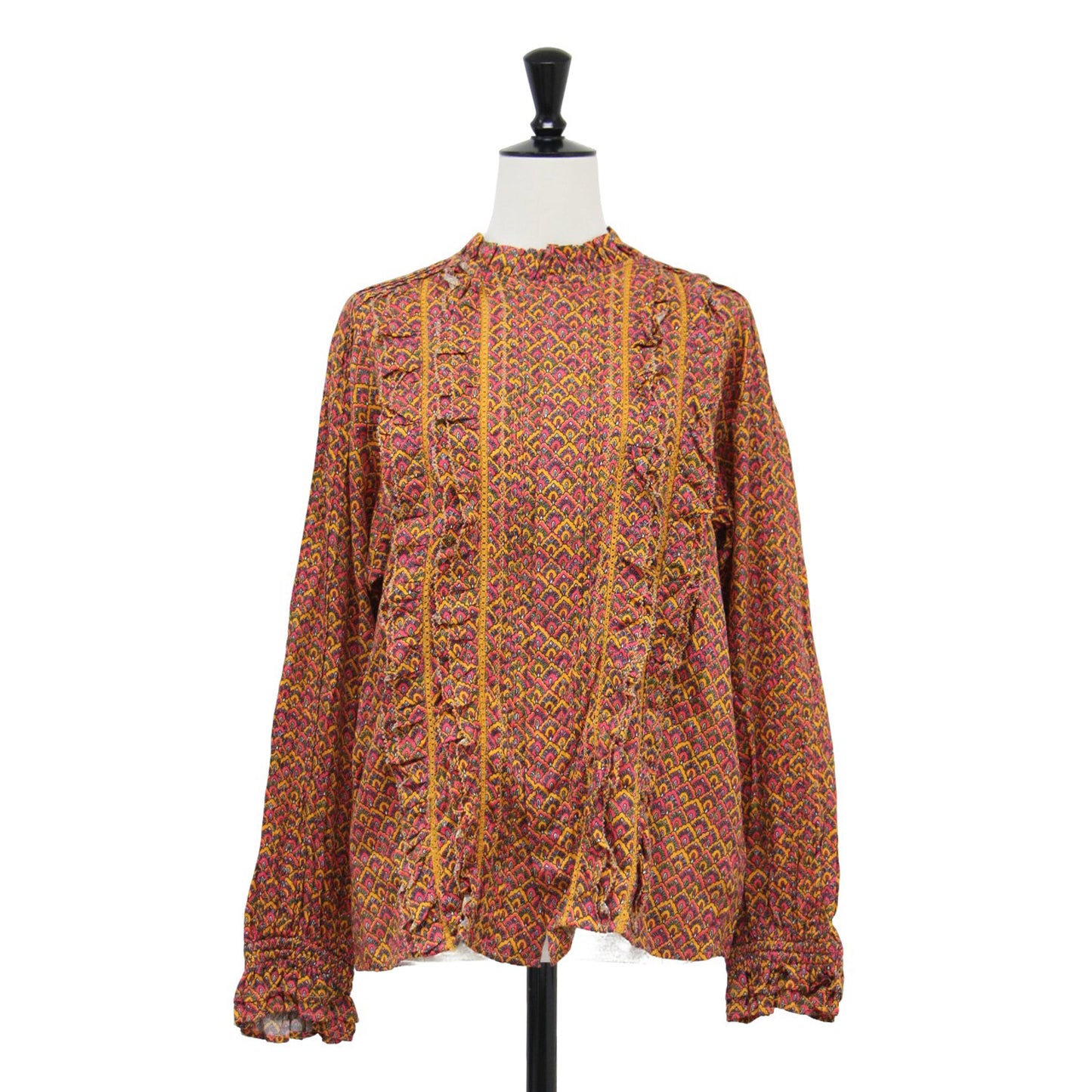 24秋冬 コットン プリント フリルカラー ブラウス / シャツ 長袖 スタンドカラー レース 総柄