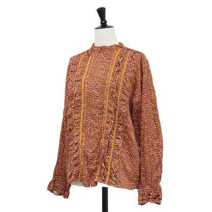 24秋冬 コットン プリント フリルカラー ブラウス / シャツ 長袖 スタンドカラー レース 総柄