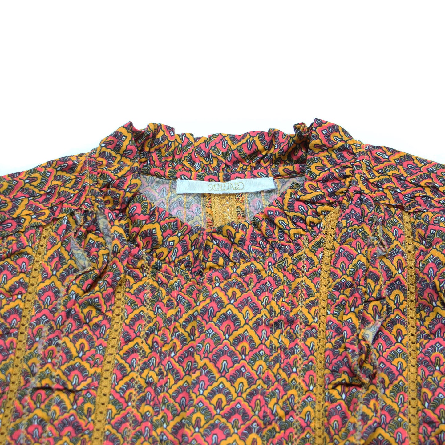 24秋冬 コットン プリント フリルカラー ブラウス / シャツ 長袖 スタンドカラー レース 総柄