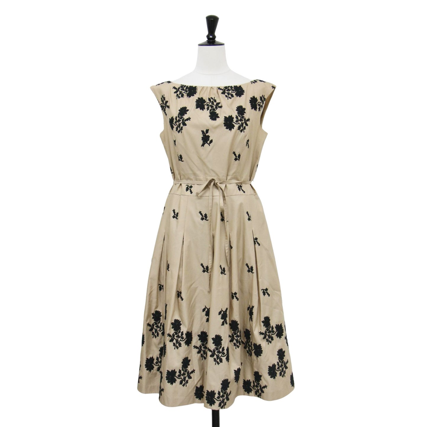 フラワー 刺繍 ノースリーブ ワンピース / ドレス ミディ丈 ボートネック ウエストリボン フレア タック