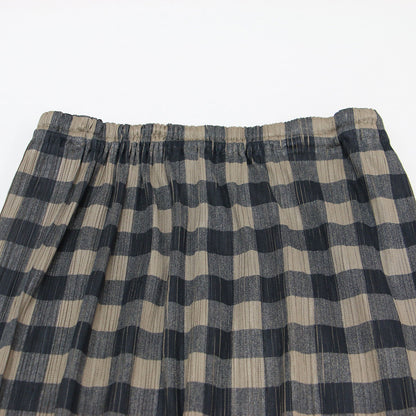 プリーツ チェック柄 タイト スカート / ロング ウエストゴム ブロックチェック プリント