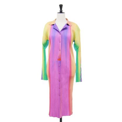プリーツ レインボーカラー シャツ ワンピース / ロング 長袖 オープンカラー グラデーション