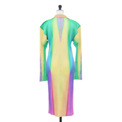 プリーツ レインボーカラー シャツ ワンピース / ロング 長袖 オープンカラー グラデーション