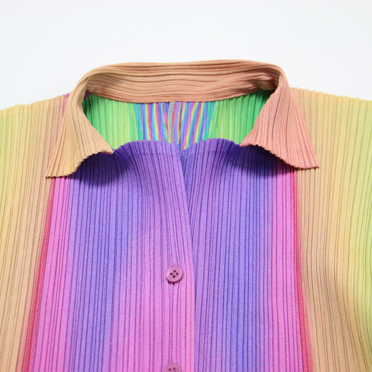プリーツ レインボーカラー シャツ ワンピース / ロング 長袖 オープンカラー グラデーション