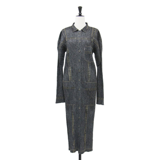 プリーツ デニムプリント シャツワンピース / ロング 長袖 Iライン