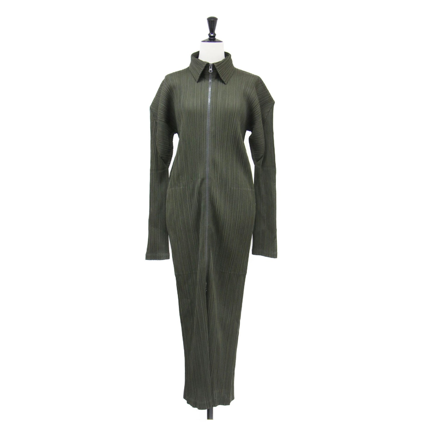 プリーツ ジップ ロング ワンピース / マキシ 長袖 襟付き Iライン