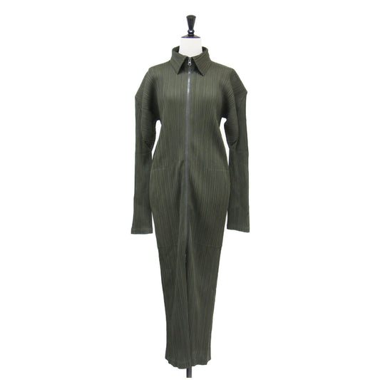 プリーツ ジップ ロング ワンピース / マキシ 長袖 襟付き Iライン