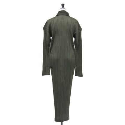 プリーツ ジップ ロング ワンピース / マキシ 長袖 襟付き Iライン