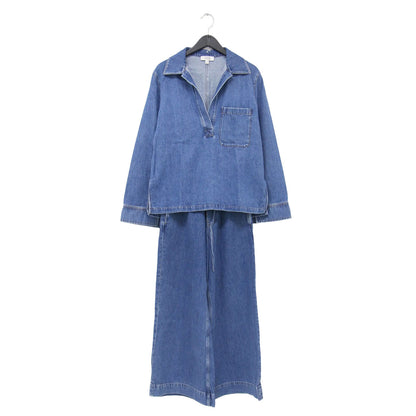 デニム トップス パンツ セットアップ / ブラウス プルオーバー オープンカラー 長袖 ワイド フレア コットン