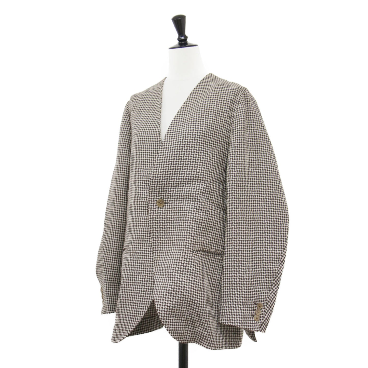 23春夏 ハウンドトゥース ノーカラー ジャケット / Vネック 千鳥格子 チェック柄 ウール リネン シルク