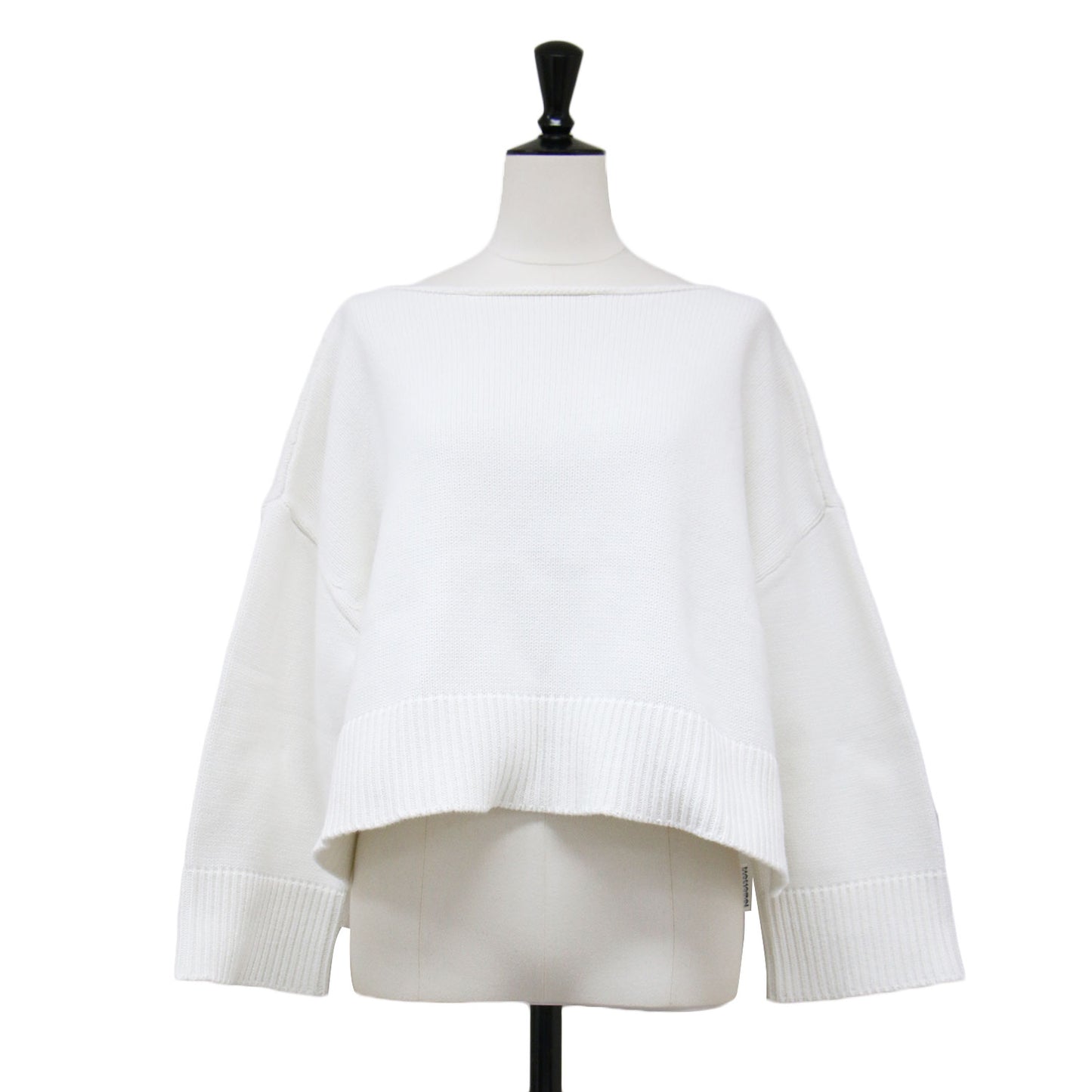 クロップド ワイド コットン ニット / 長袖 ボートネック スリット ボクシーシルエット リブ コットン