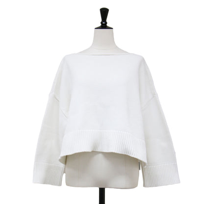 クロップド ワイド コットン ニット / 長袖 ボートネック スリット ボクシーシルエット リブ コットン