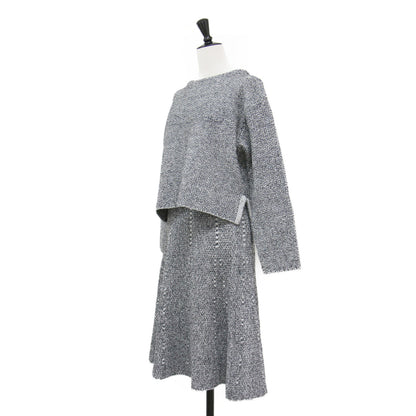 24秋冬 ミックスニット フレアスカート セットアップ / 長袖 スリット ワイド ウエストゴム 膝丈 Aライン