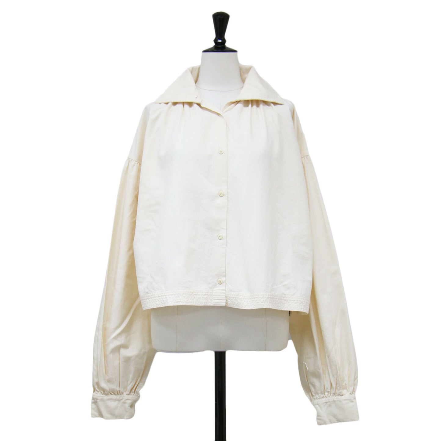 21春夏 コットン シルク ショートブラウス / シャツ 長袖 ビックカラー ワイド スリット タック