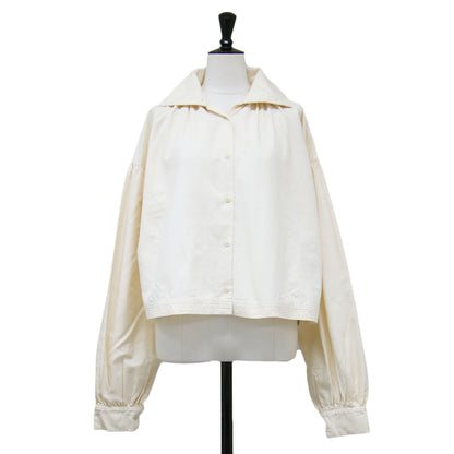 21春夏 コットン シルク ショートブラウス / シャツ 長袖 ビックカラー ワイド スリット タック