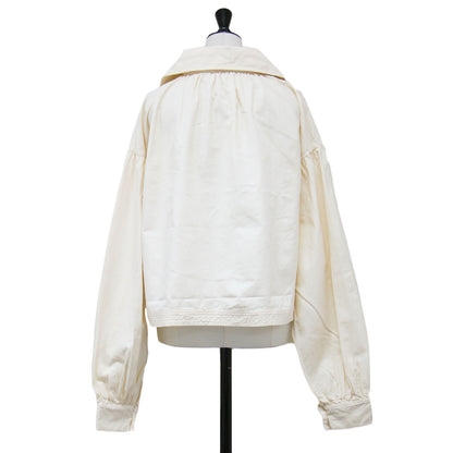 21春夏 コットン シルク ショートブラウス / シャツ 長袖 ビックカラー ワイド スリット タック