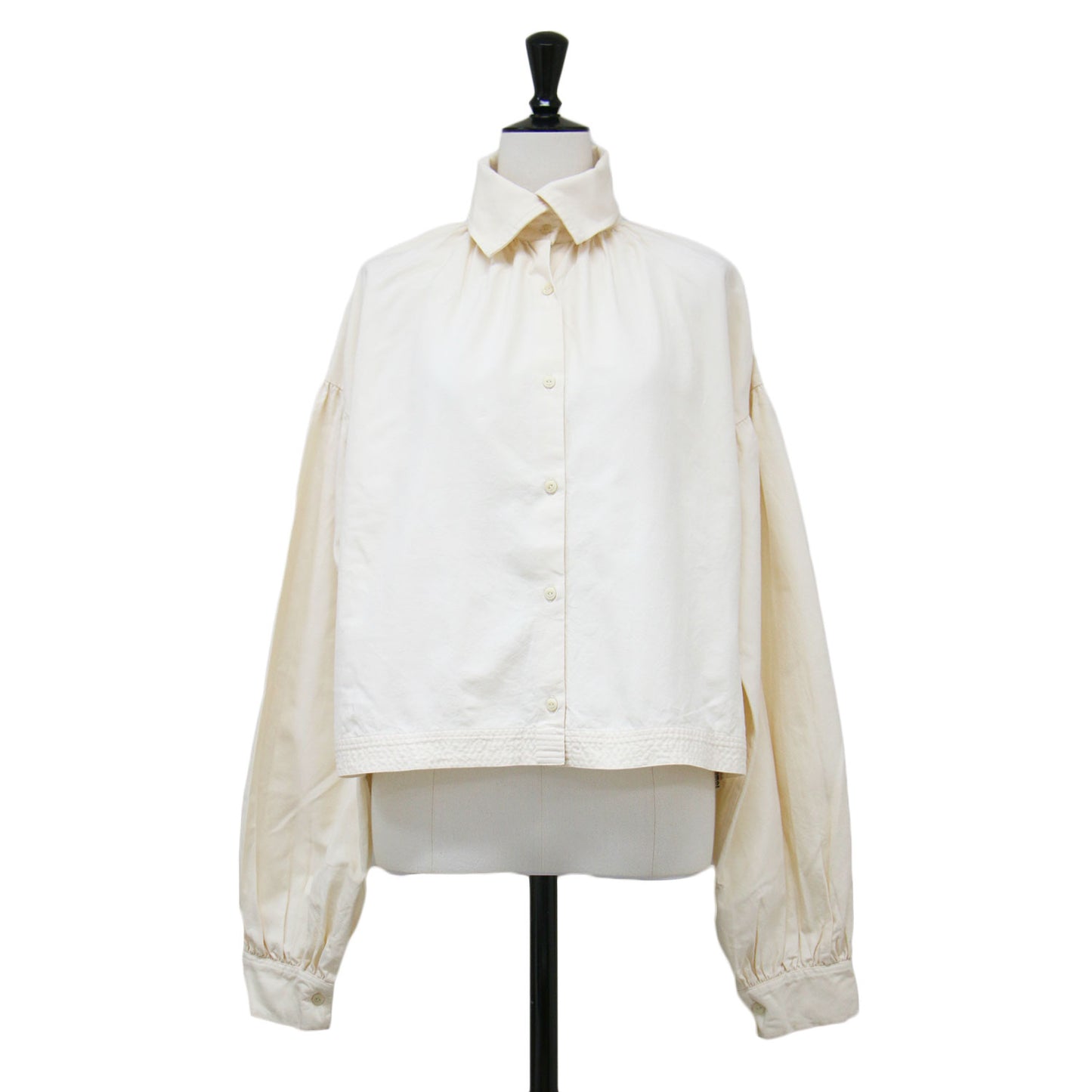 21春夏 コットン シルク ショートブラウス / シャツ 長袖 ビックカラー ワイド スリット タック