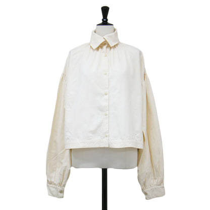 21春夏 コットン シルク ショートブラウス / シャツ 長袖 ビックカラー ワイド スリット タック