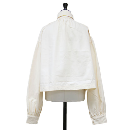 21春夏 コットン シルク ショートブラウス / シャツ 長袖 ビックカラー ワイド スリット タック