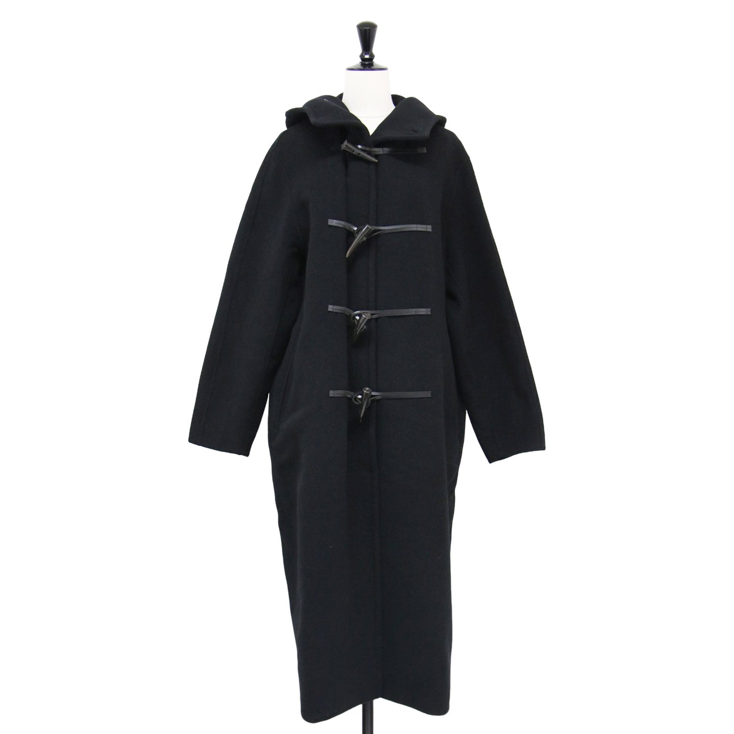 フード付き ダブル リバー ダッフルコート / 長袖 マキシ丈 ドロップショルダー ストレート ワイド