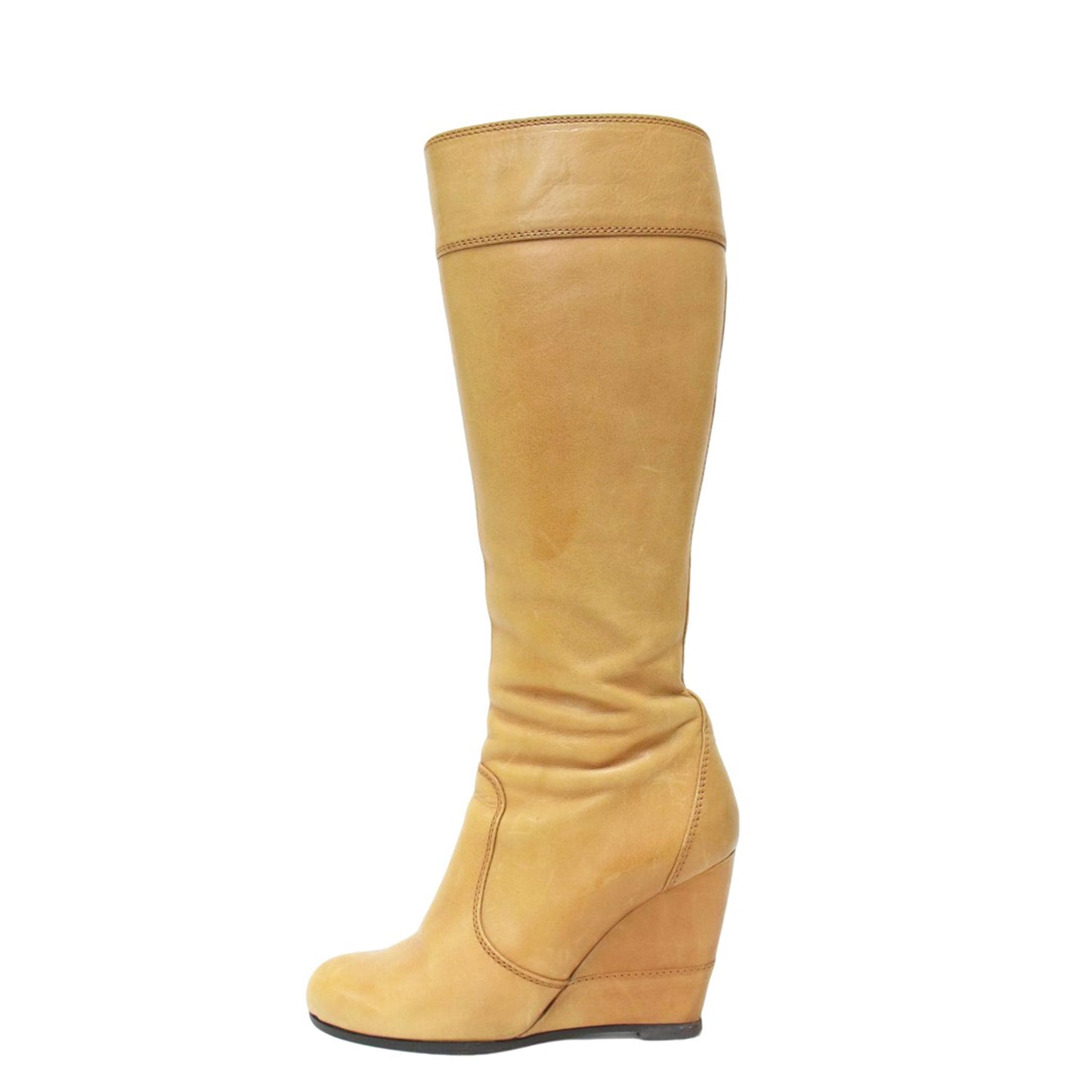 レザー ウエッジソール ロングブーツ / アーモンドトゥ ステッチ サイドファスナー ロゴ