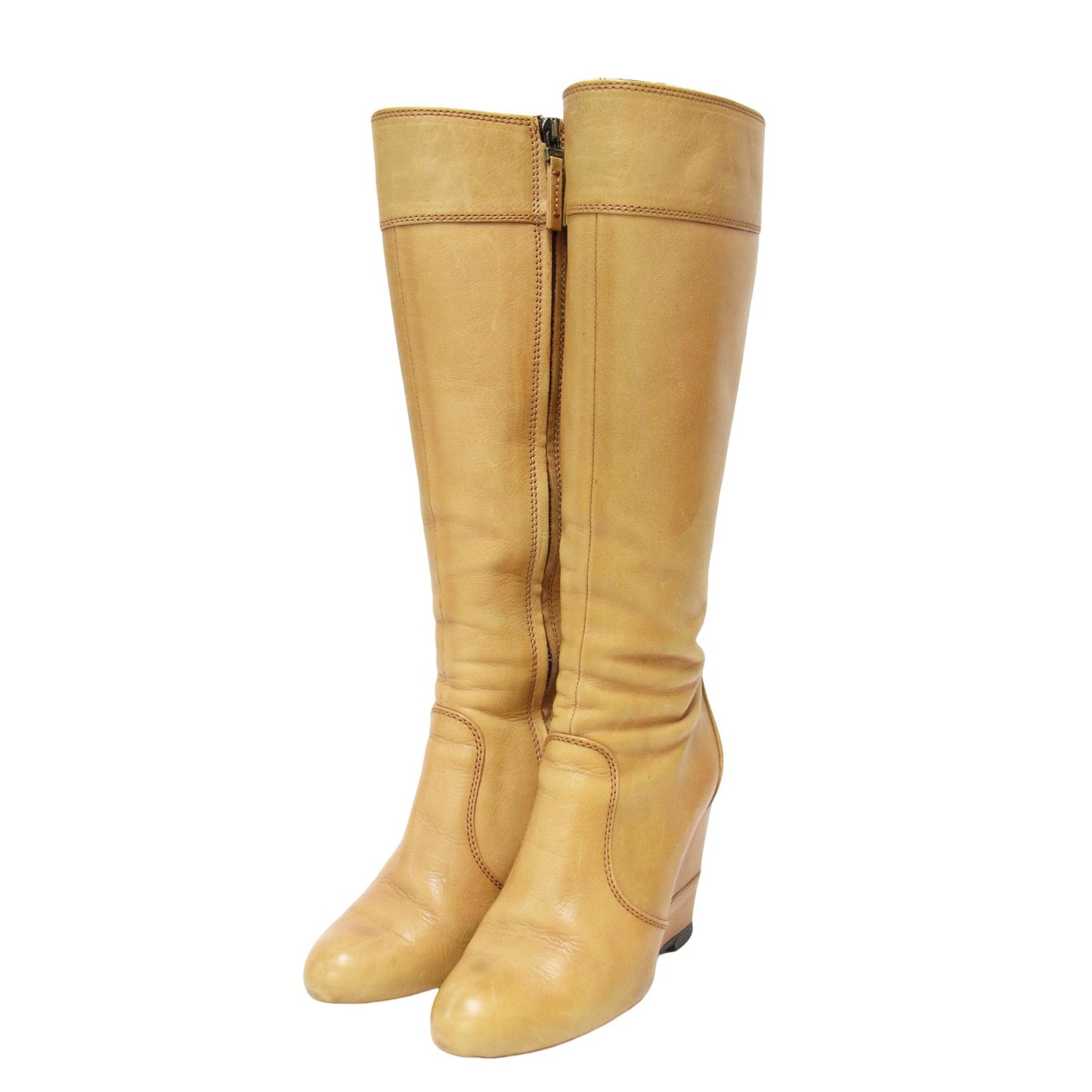 レザー ウエッジソール ロングブーツ / アーモンドトゥ ステッチ サイドファスナー ロゴ