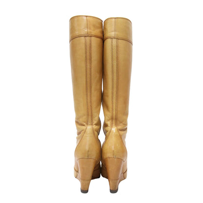 レザー ウエッジソール ロングブーツ / アーモンドトゥ ステッチ サイドファスナー ロゴ