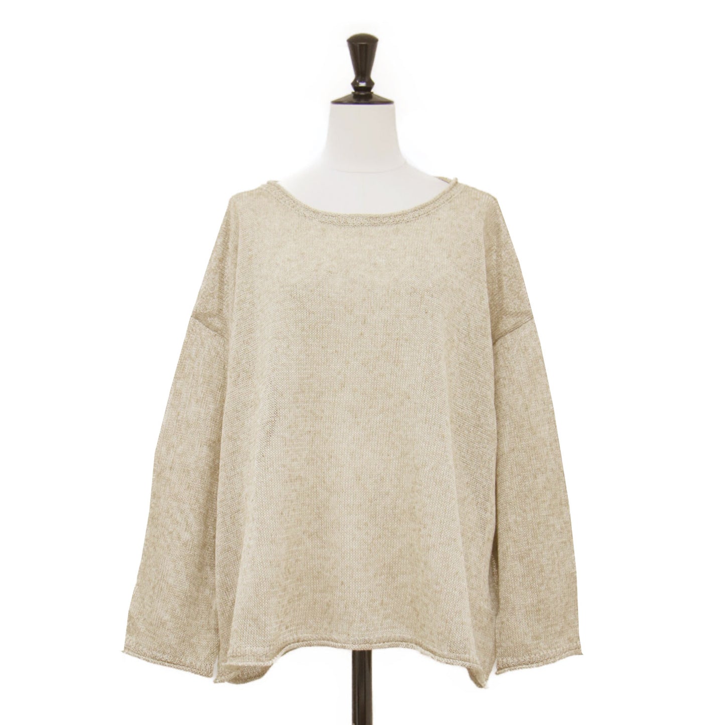 25春夏 ポリエステル リネン ルーズプルオーバー / ミサマーニット 長袖 クロップド丈 クルーネック ミドルゲージ