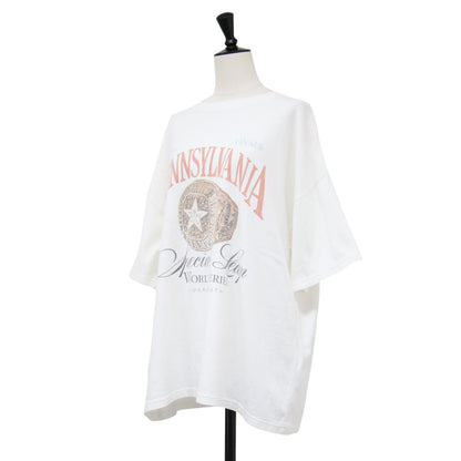 25春夏 グラフィック プリントTシャツ / Gratifying プルオーバー オーバーサイズ ラウンドネック ドロップショルダー 半袖 ヴィンテージ加工 ロゴ コットン